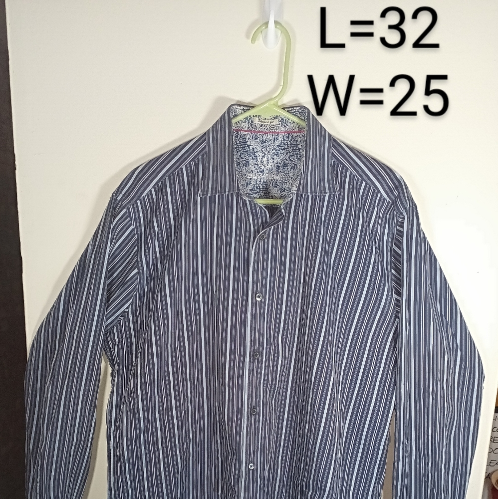 Bugatchi Blue Stripe Logo Design Mens Long Sleeve Button Shirt Shaped Fit Small